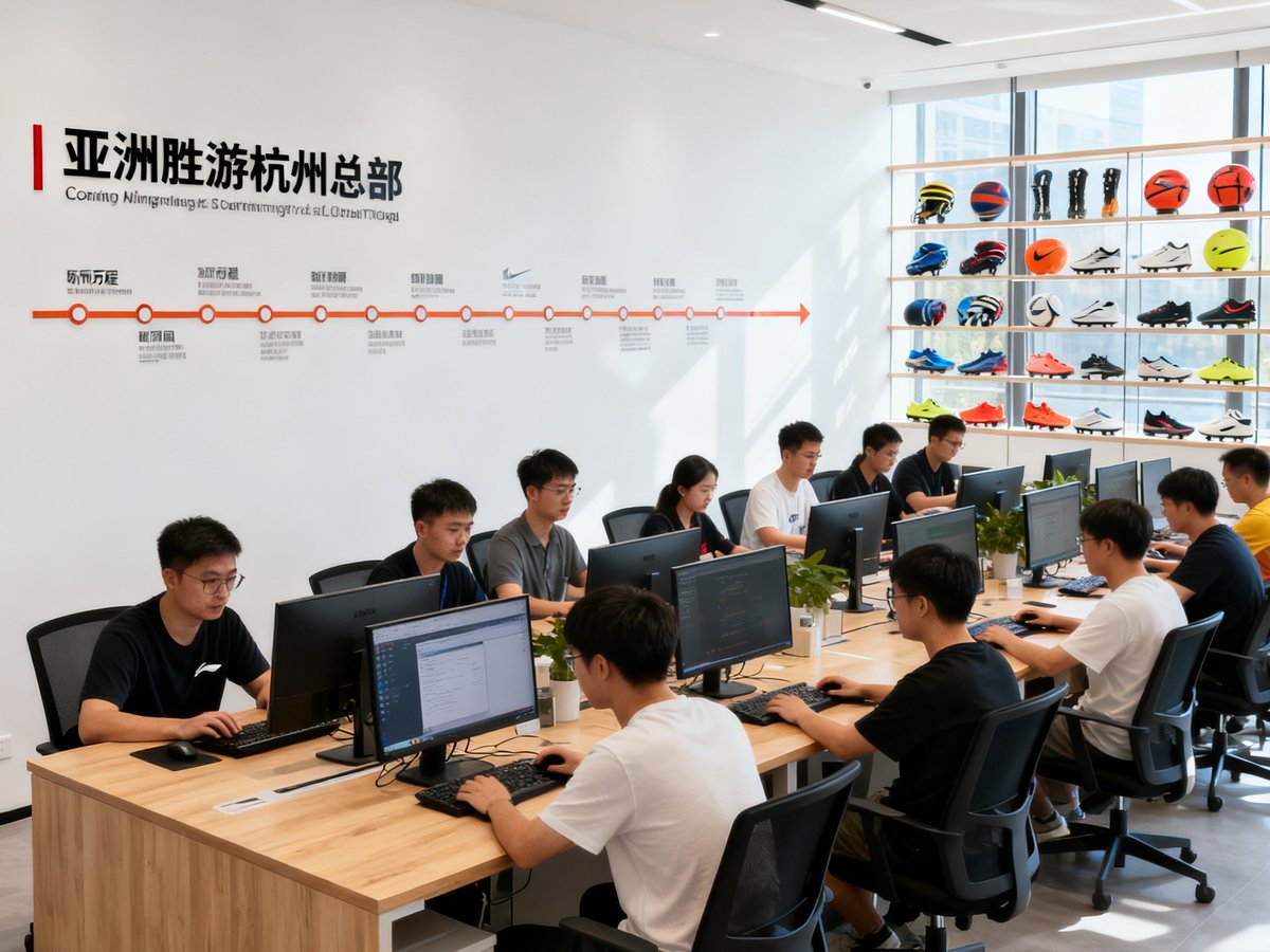 亚洲胜游杭州总部办公场景，开放式办公区约60名员工在电脑前工作，墙面装饰有公司历程时间轴和各类体育用品展示架