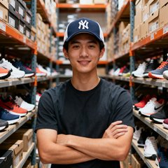 运动鞋卖家王先生头像，年轻男性戴着棒球帽在仓库货架前抱臂站立